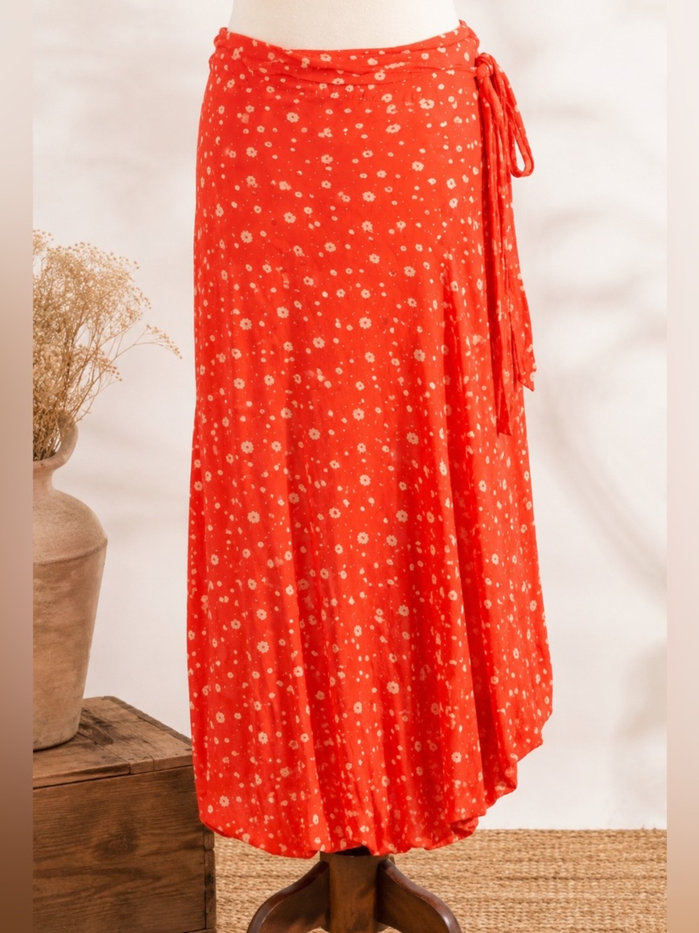 Faithfull the Brand Red/Orange Floral Wrap Maxi Skirt ( Sz Lg)